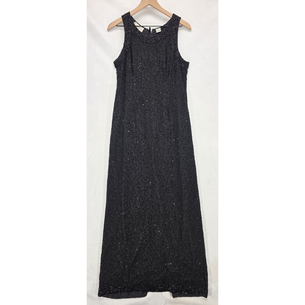 VTG Laurence Kazar Silk Chiffon Evening Dress L Beaded Formal Gown Black 80s 90s